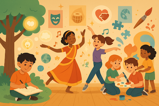 children dancing, painting, drawing together